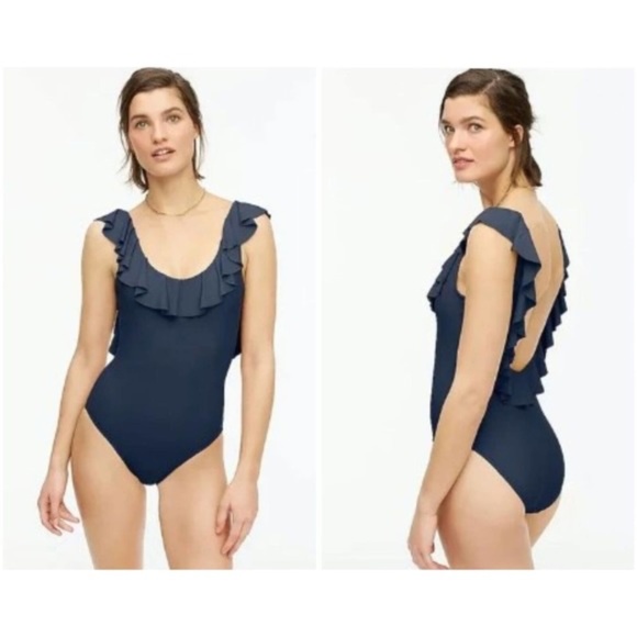 J. Crew Ruffle Scoopback One Piece Swimsuit Navy 0 - Picture 2 of 5